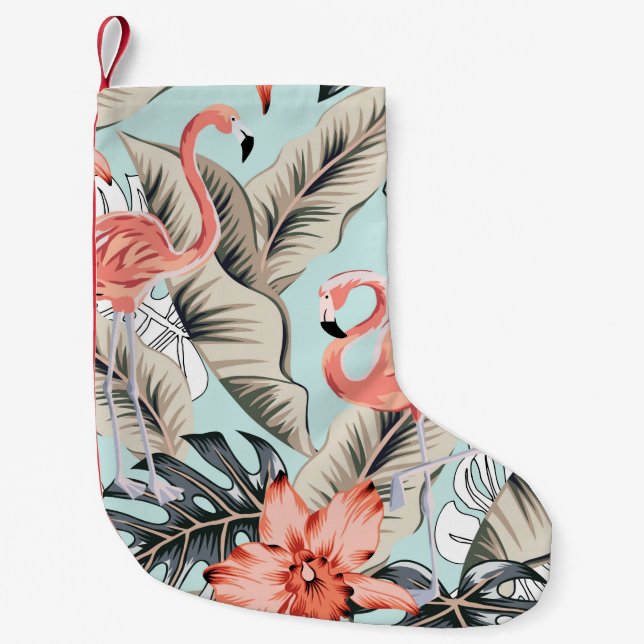 Petite Chaussette De Noël Flamingo rose tropicale avec fleurs d'orchidées et (Devant)