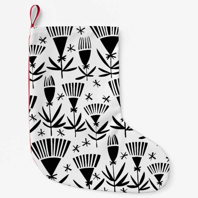 Petite Chaussette De Noël Fleurs Abstraites en noir blanc : Motif élégant (Devant)