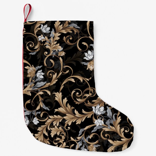 Petite Chaussette De Noël Fleurs baroques classiques : arrière - plan noir. (Devant)