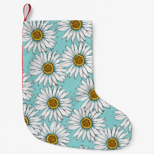 Petite Chaussette De Noël Fleurs blanches marguerites sur Pat vintage bleu s