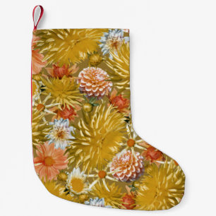 Petite Chaussette De Noël Fleurs dahlia dorées, design vintage fleuri.