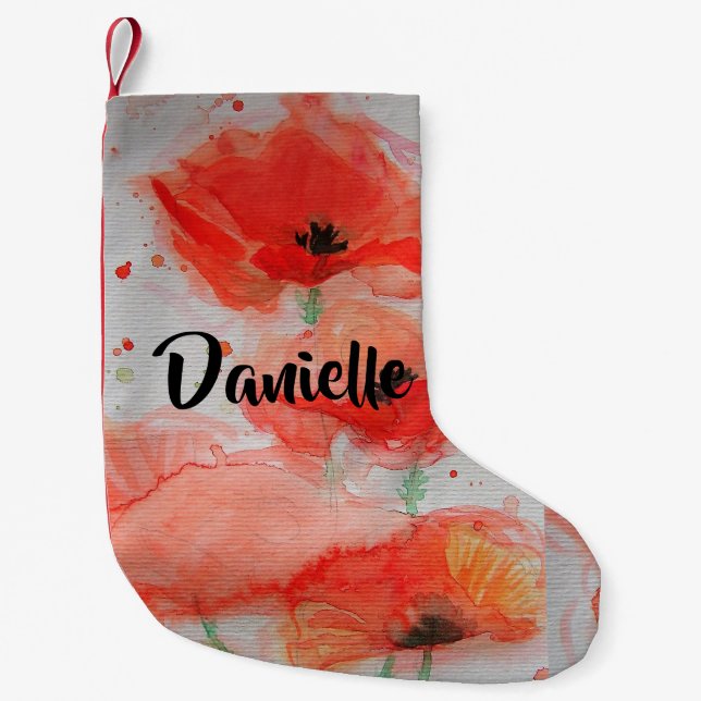 Petite Chaussette De Noël Fleurs d'aquarelle du pavot rouge Nom floral Stock (Devant)