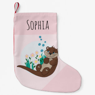 Petite Chaussette De Noël Fleurs de caricatures Cute Otter et nom Kids