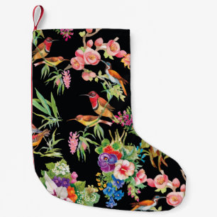 Petite Chaussette De Noël Fleurs d'oiseaux sauvages : Noir Vintage