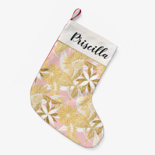 Petite Chaussette De Noël Fleurs et Feuilles blancs élégants de couleur or r