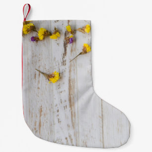 Petite Chaussette De Noël Fleurs jaunes printanières, décoration en planche 
