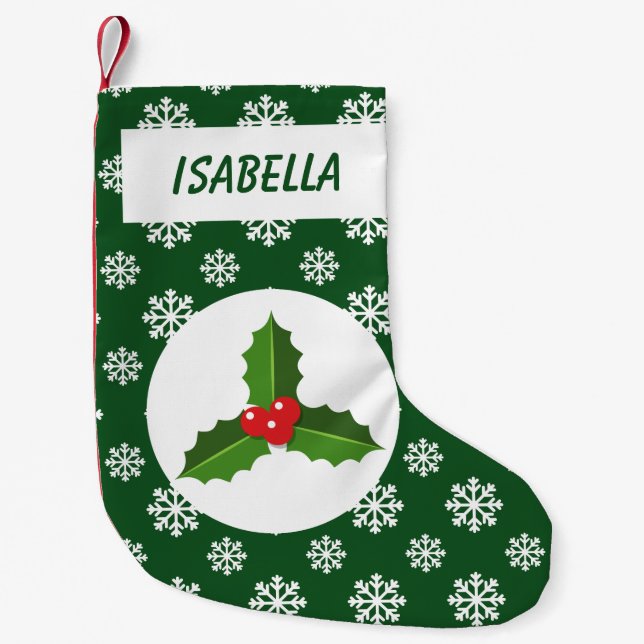 Petite Chaussette De Noël Flocon de neige Holly Vert personnalisé (Devant)