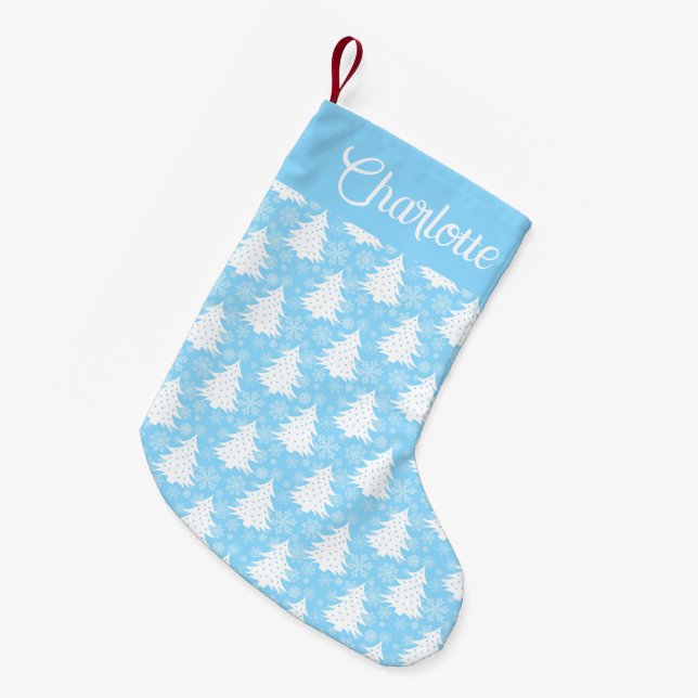 Petite Chaussette De Noël Flocon de neige personnalisé Blue Winter Tree (Devant (Accrochage))