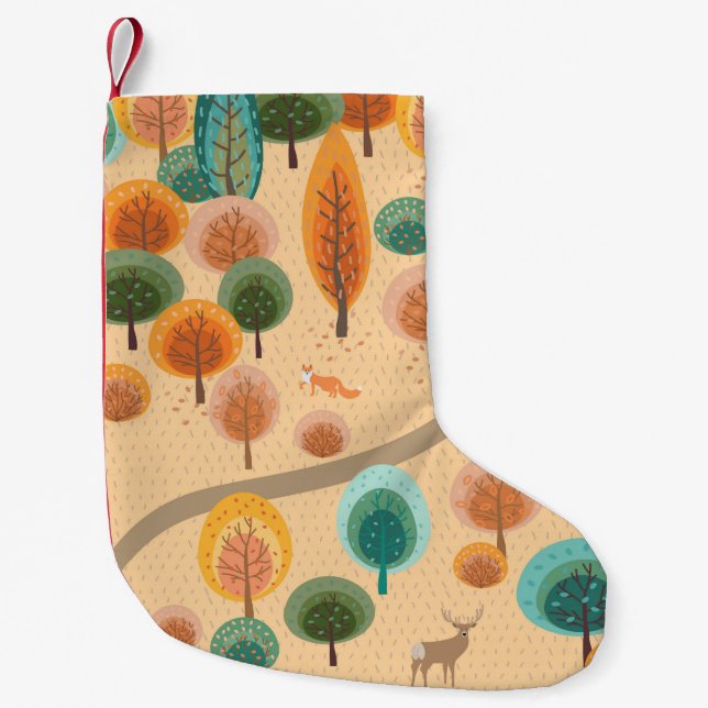 Petite Chaussette De Noël Forêt d'automne avec arbres abstraits à main plat  (Devant)