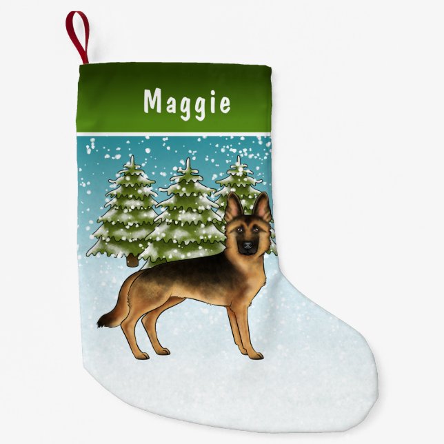 Petite Chaussette De Noël Forêt D'Hiver De Chien Noir Et Tan Allemand (Devant)