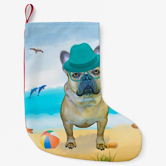 Petite Chaussette De Noël French Bulldog sur la plage (Devant)