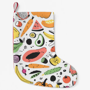 Petite Chaussette De Noël Fruits, légumes motif dessinés main.