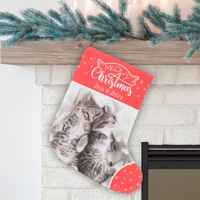 Petite Chaussette De Noël Fun meowy Christmas cat photo nom rouge & blanc (Créateur téléchargé)