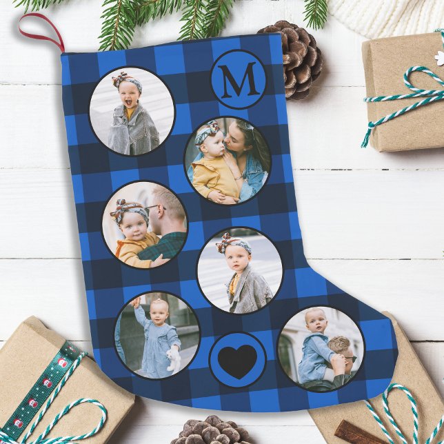 Petite Chaussette De Noël Fun Personnalisé Baby Photo Bleu Noir Plaid (Créateur téléchargé)