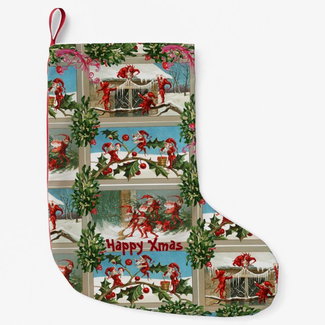 PETITE CHAUSSETTE DE NOËL FUNNY RED CHRISTMAS ELVES, HOLLYBERRIES, MISTLETOE (Devant)