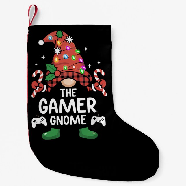 Petite Chaussette De Noël Gamer Gnome Buffalo Plaid Matching Family Xmas (Devant)