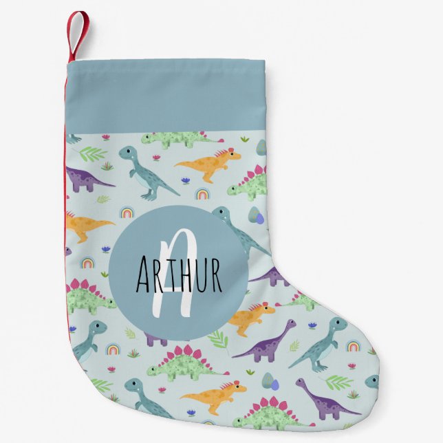 Petite Chaussette De Noël Garçons mignons et amusants Motif Dinosaure Bleu E (Devant)