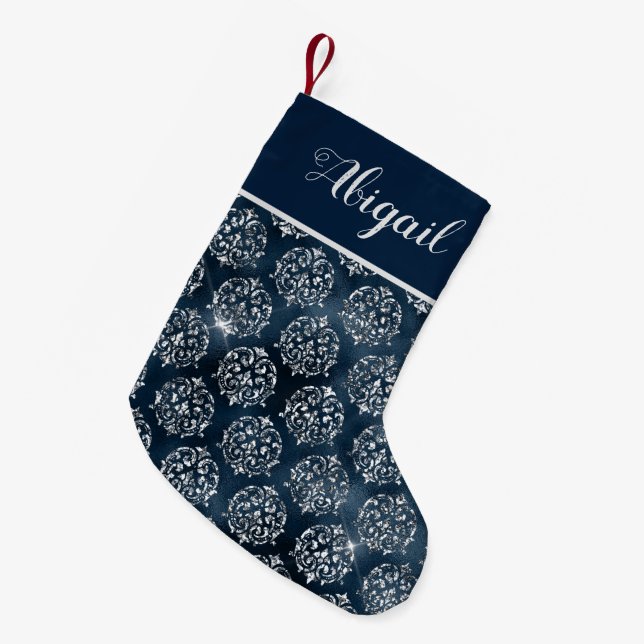 Petite Chaussette De Noël Glam Navy Blue Silver Damask Personnalisé (Devant (Accrochage))