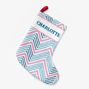 Petite Chaussette De Noël Grand Chevron Big Zag en Rose + Aqua Personnalisé