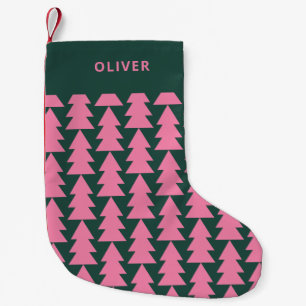 Petite Chaussette De Noël Graphique d'arbre de Noël vert rose moderne