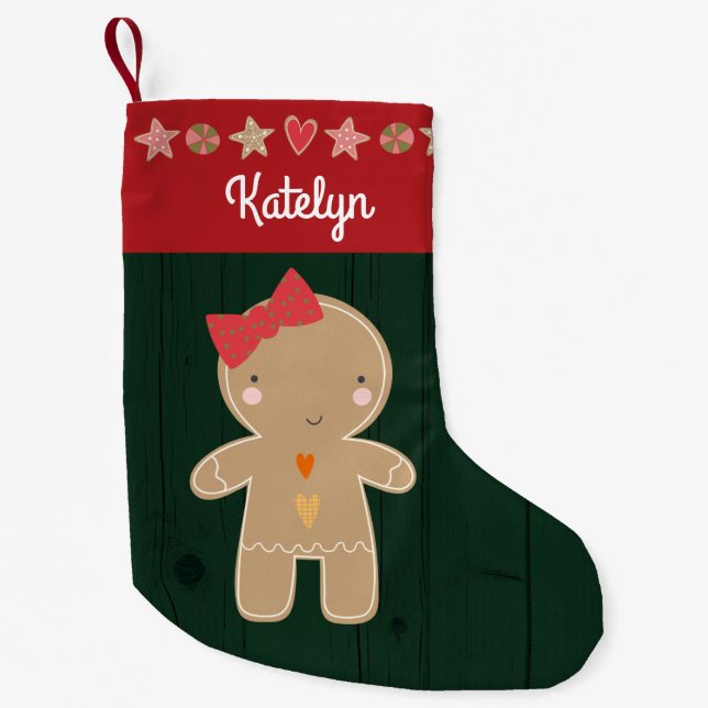 Petite Chaussette De Noël Green Gingerbread Girl Nom de vacances Rustic Cute (Devant)