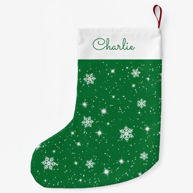 Petite Chaussette De Noël Green White Snowflakes Étoiles Motif avec nom (Dos)