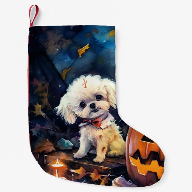 Petite Chaussette De Noël Halloween Bichon Frise Avec La Peur Citrouille (Devant)