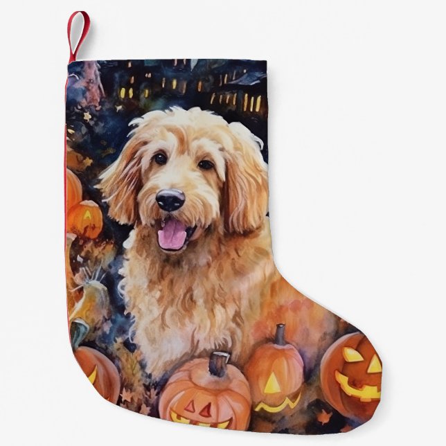 Petite Chaussette De Noël Halloween Goldendoodle avec la peur Citrouille (Devant)