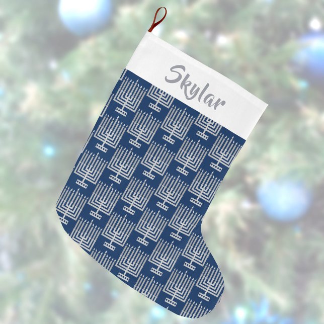 Petite Chaussette De Noël Hanoukka Silver Motif Ajouter un nom Chrismukkah (Créateur téléchargé)