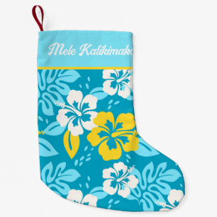 Petite Chaussette De Noël Hibiscus hawaïen bleu motif floral