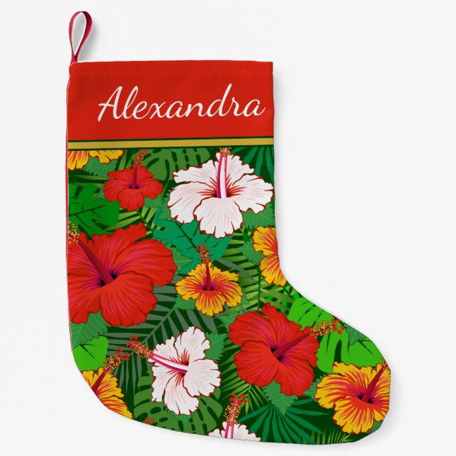 Petite Chaussette De Noël Hibiscus hawaïens colorés Fleurs Monogramme Nom (Devant)