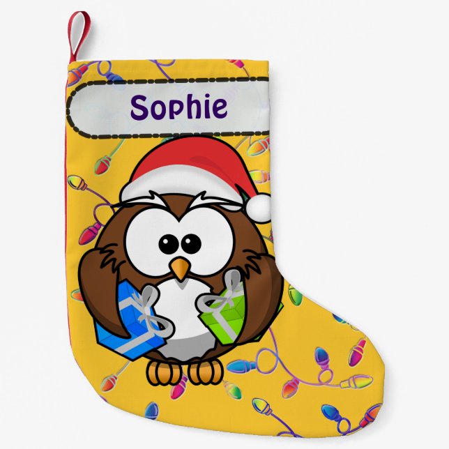 Petite Chaussette De Noël Hibou de Père Noël et lumières de Noël (Devant)
