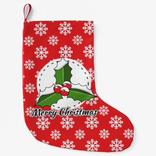 Petite Chaussette De Noël Holly on Red White Snowflakes