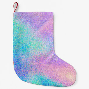 Petite Chaussette De Noël Holographique texture réelle en bleu rose vert