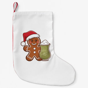 Petite Chaussette De Noël Homme en pain d'épices tenant Matcha Boire Noël