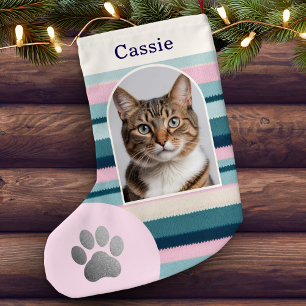Petite Chaussette De Noël Impression de patte de chat pastel rose sarcelle p