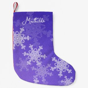 Petite Chaussette De Noël Indigo White Snowflakes Minimaliste Nom de Noël