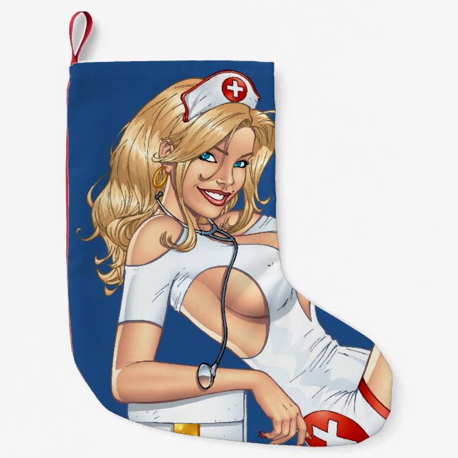 Petite Chaussette De Noël Infirmière blonde dans l'uniforme tirant vers le (Devant)