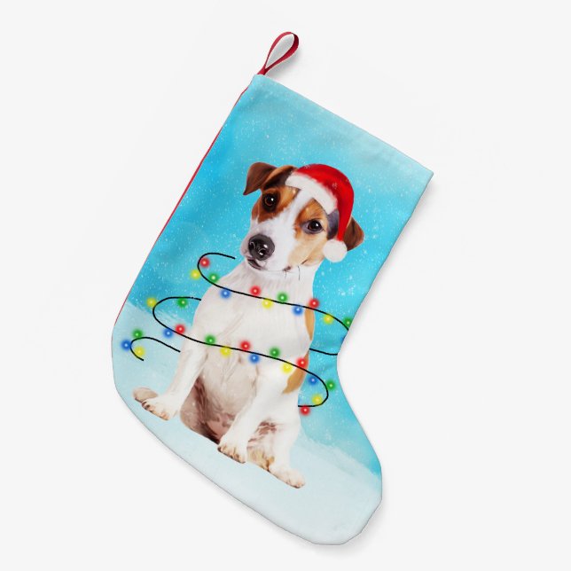 Petite Chaussette De Noël jack russell Chien dans la neige avec les lumières (Devant (Accrochage))