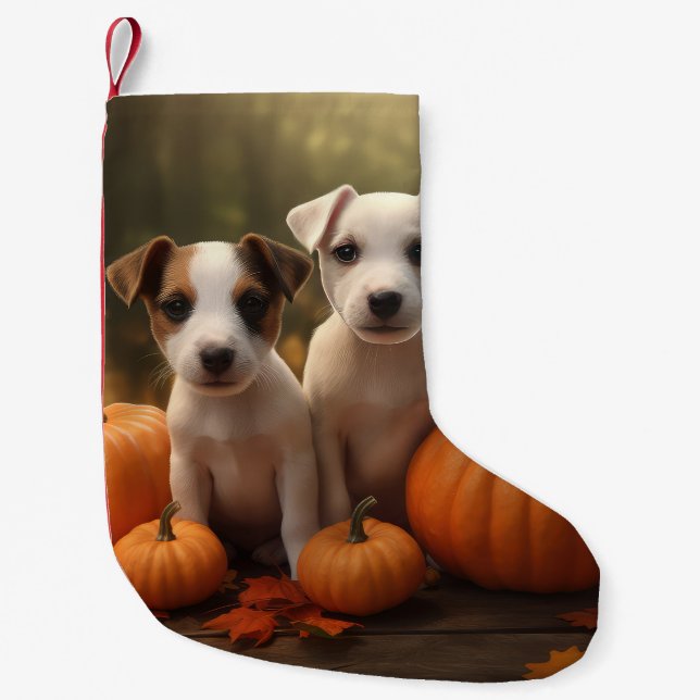Petite Chaussette De Noël Jack Russell Puppy Automne Citrouille de plaisir (Devant)