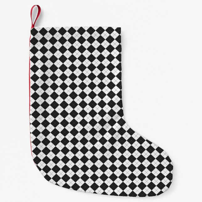 Petite Chaussette De Noël Jacquard plaid. Motif écossais en blanc et noir  (Devant)