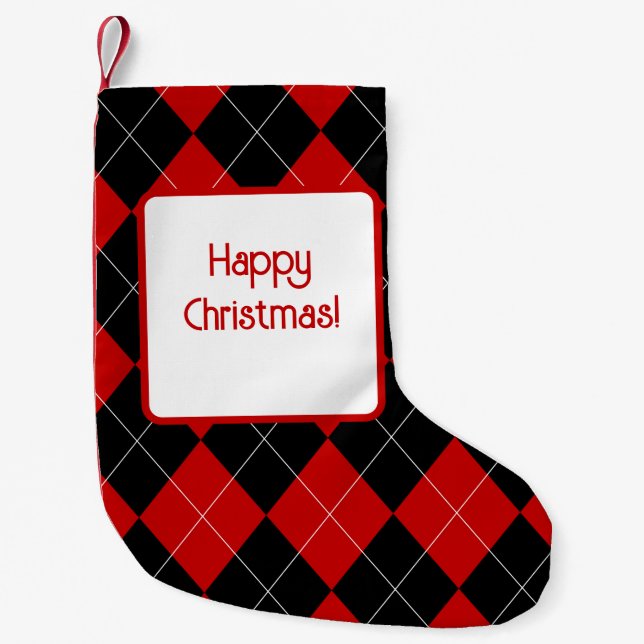 Petite Chaussette De Noël Jacquard preppy Tartan Diamond Plaid Rouge Noir (Devant)