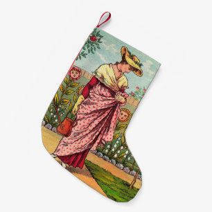Petite Chaussette De Noël Jardin Croître Fleur Femme Art Antique