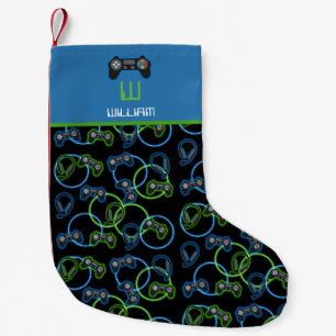 Petite Chaussette De Noël Jeu vidéo Neon Blue & Green Motif Monogramme