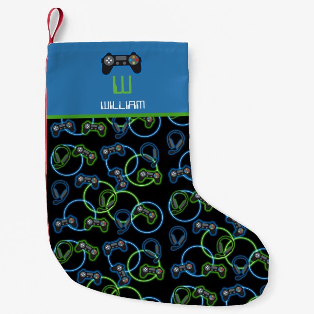 Petite Chaussette De Noël Jeu vidéo Neon Blue & Green Motif Monogramme (Devant)