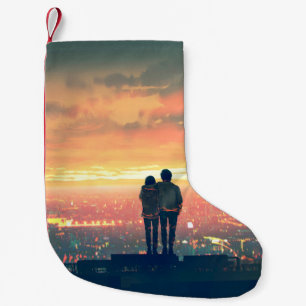 Petite Chaussette De Noël jeune couple debout sur le toit en regardant c