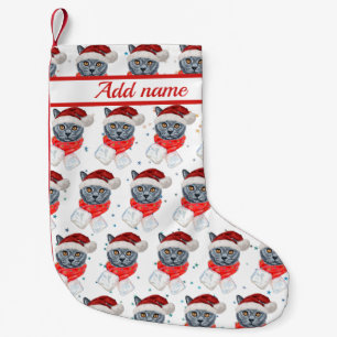 Petite Chaussette De Noël Joli Chat Gris Aquarelle avec Écharpe
