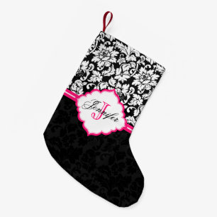 Petite Chaussette De Noël Joli Damas Noir Et Blanc Avec Bande Rose