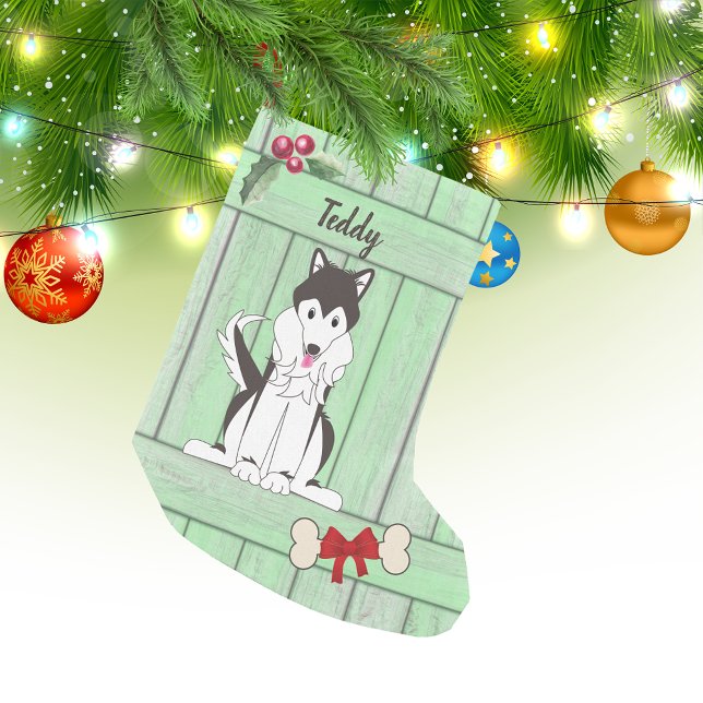 Petite Chaussette De Noël Joli Husky Chien Vert clôture en bois Monogramme (Créateur téléchargé)