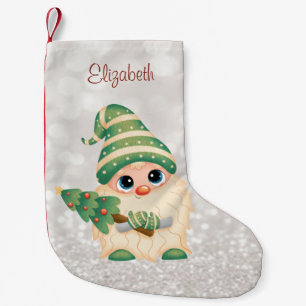 Petite Chaussette De Noël Joli nain nordique, arbre de Noël pailleté bokeh